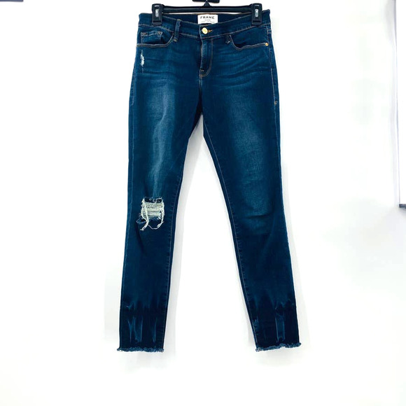 Frame Denim Le Skinny de Jeanne Crop Raw-Edge Jean Busted Knee Faded Thorpe 28 - Picture 3 of 13